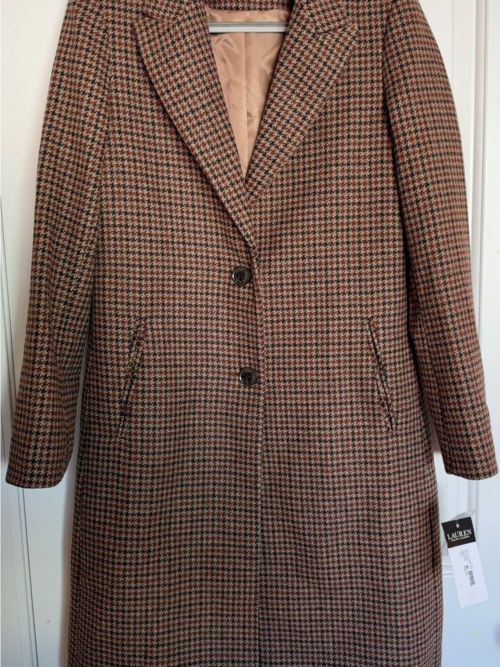 Lauren Ralph Lauren Brown Houndstooth Wool-Blend Long Coat
